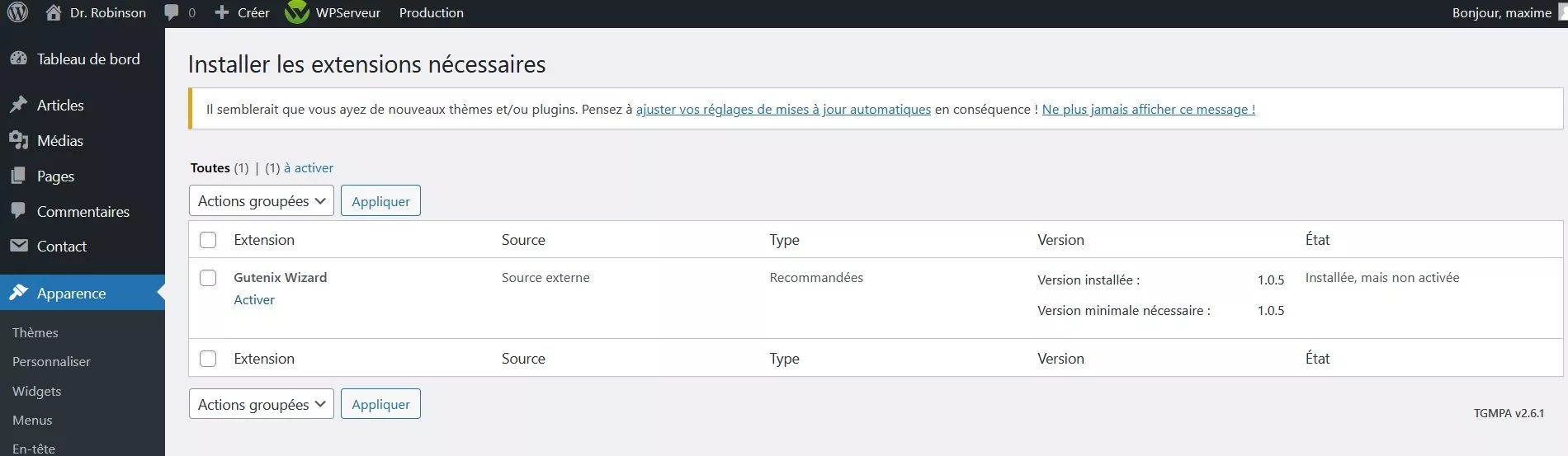 Gutenix Wizard s'installe depuis le thème une fois ce dernier activé