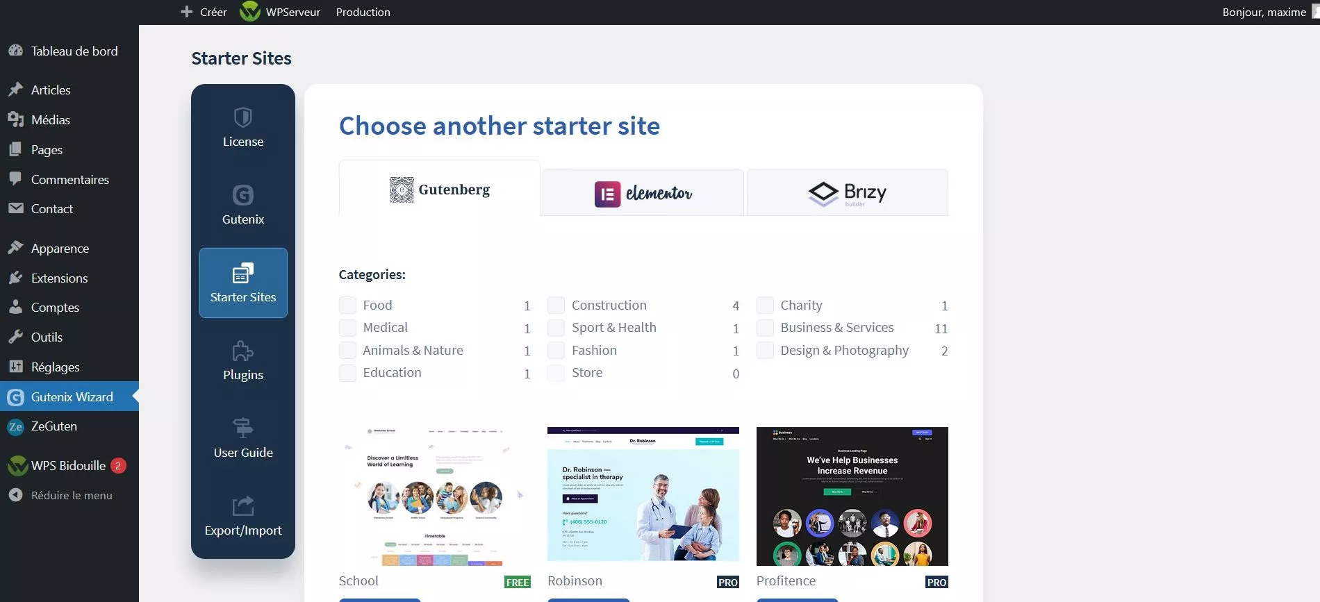 Gutenix Wizard est aussi l’extension vous donnant accès aux modèles de sites intégrés pour le thème.