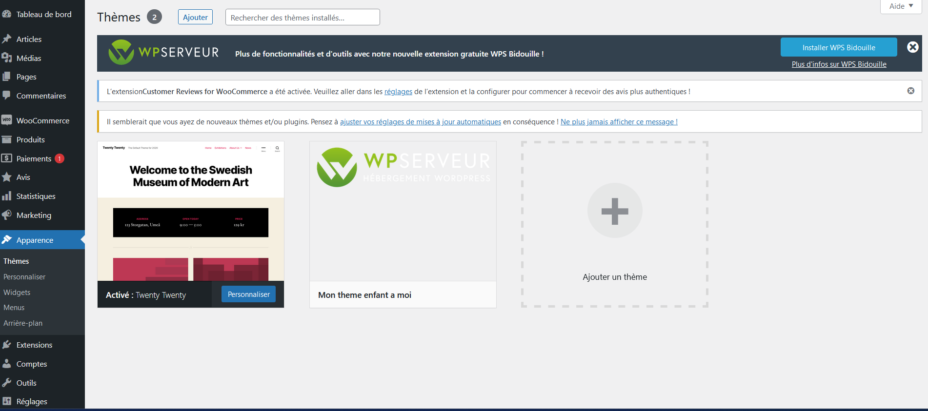 Activez votre thème enfant dans le tableau de bord WordPress