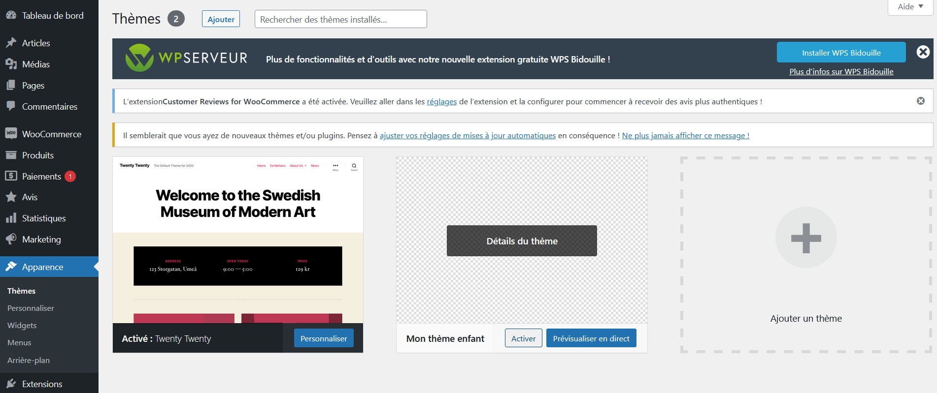 Votre thème enfant apparaît dans votre tableau de bord WordPress