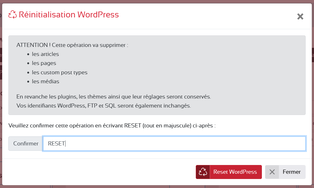 Réinitialisez votre WordPress en un clic sur WPServeur