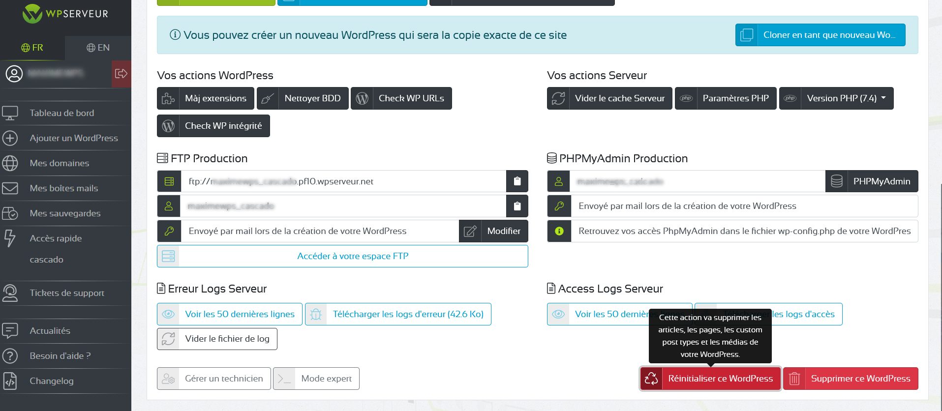 WPServeur inclut une fonctionnalité pour réinitialiser votre WordPress en un clic